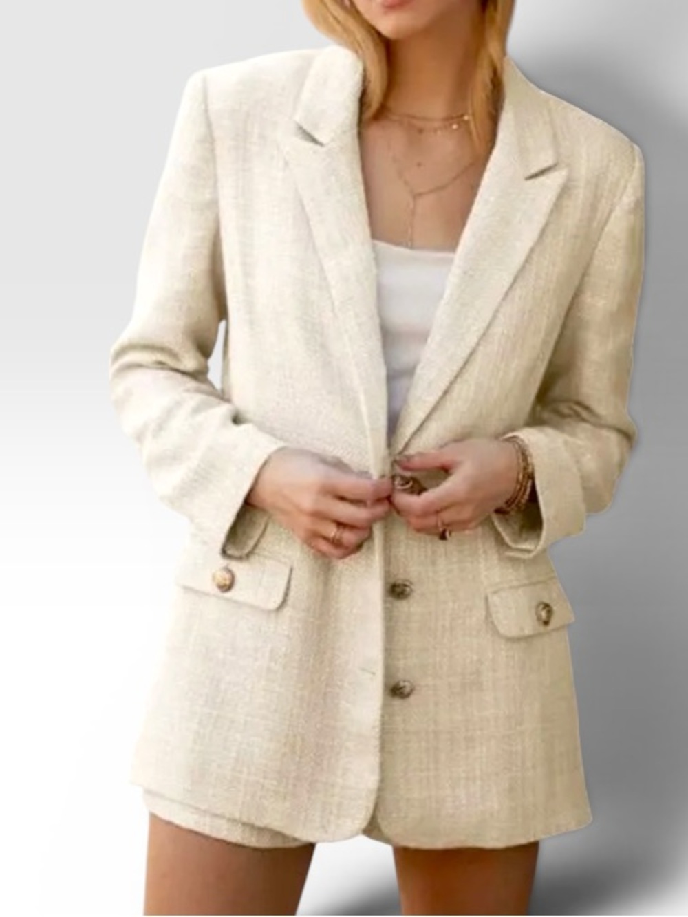 NWT Endless Blu Cream Boucle Tweed Blazer Modern Preppy Chic Jacket Size L